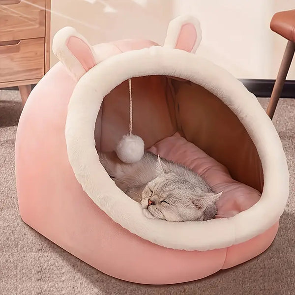 Self-warming foldable cave bed for small cats and dogs